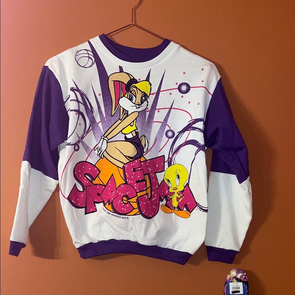 Vintage NWT Warner Bros.Space Jam Purple White Sweatshirt girls size Large 14